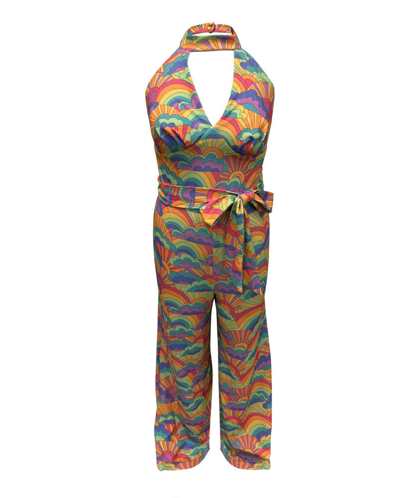 Front of a size 1X Smak Parlour Happy Groovy Rainbows Glamour Goddess Jumpsuit in Rainbow by Smak Parlour. | dia_product_style_image_id:297924